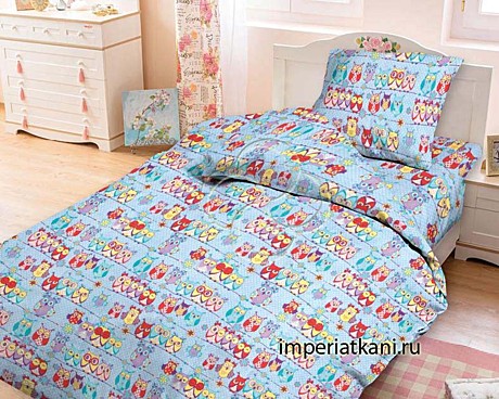 Подушка детская 50*50 бамбук двухкамерная чехол бязь Совушки голубые 1685/1 стеганый наполнитель лебяжий пух Здоровье Севера